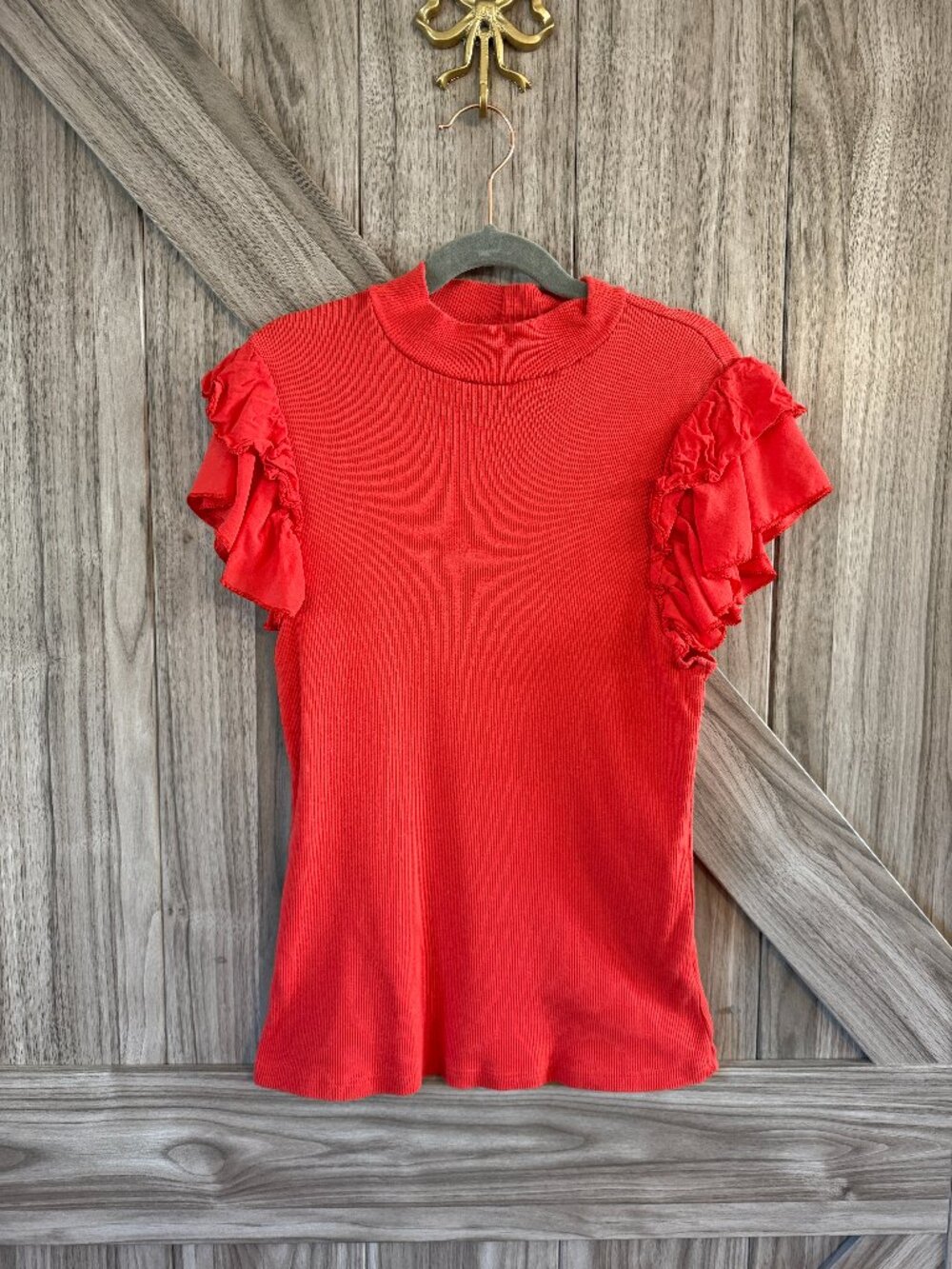 t.la Anthropologie Women's Red Ribbed Mock Neck Top